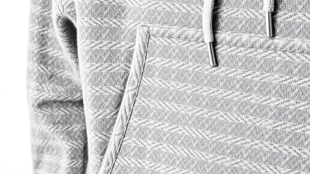 Close-up detail shot of Port & Company hoodie fabric texture showing fleece weave, kangaroo pocket, and drawstring, neutral lighting, studio setting, no visible branding or text
