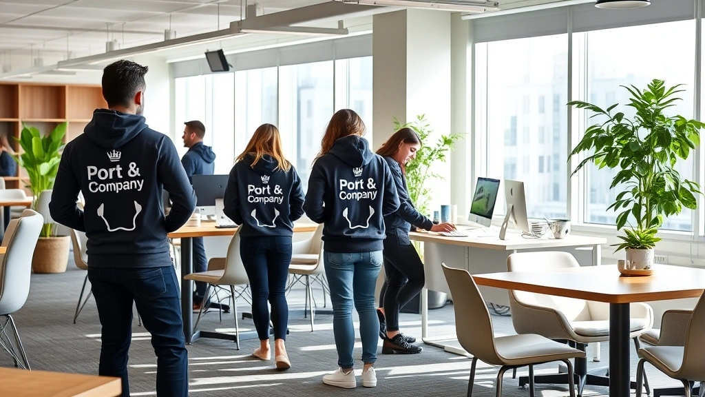 Corporate office break room scene with employees in Port & Company branded hoodies working at standing desk, collaborative environment, modern furniture, natural daylight from windows