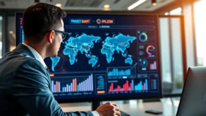 Professional business executive reviewing global strategic operations on modern digital display, international financial markets dashboard visible, contemporary corporate office environment with world map, sophisticated analytics and performance metrics shown