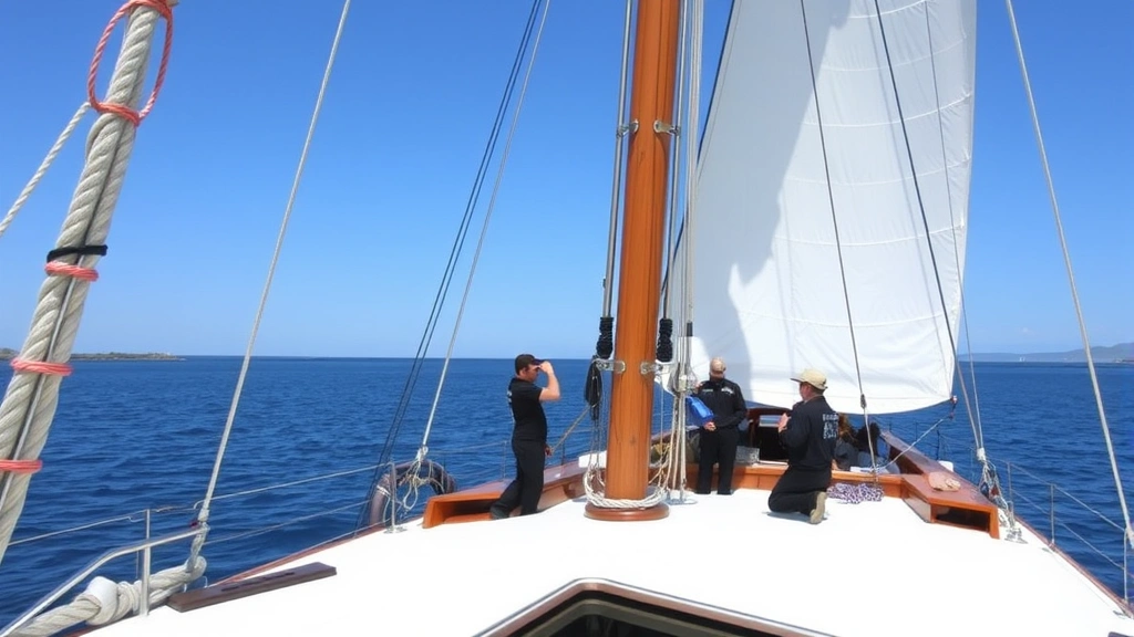 Professional crew members raising white canvas sails on a wooden schooner, blue harbor water visible, sunny day, traditional maritime vessel in action, passengers observing from deck