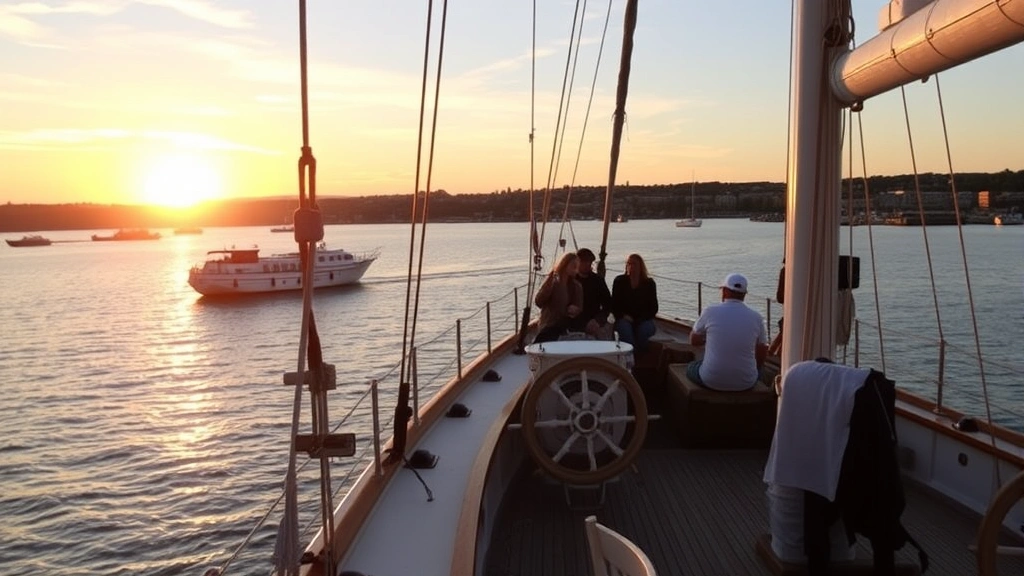 Sunset view from schooner deck overlooking Portland Maine harbor, calm waters, professional crew members at helm, passengers relaxing on deck, golden hour lighting, peaceful maritime atmosphere