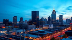 Professional Fort Worth business district skyline at dusk with illuminated office buildings and modern energy infrastructure, showcasing urban power distribution and smart grid technology