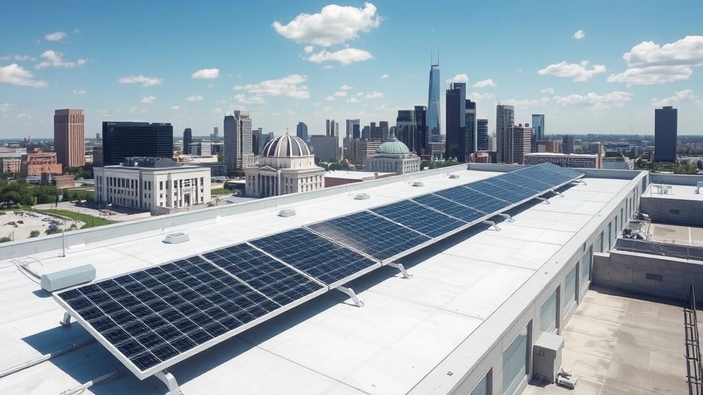 Solar panel installation on commercial rooftop with Fort Worth skyline background, demonstrating renewable energy integration and sustainable business practices in Texas