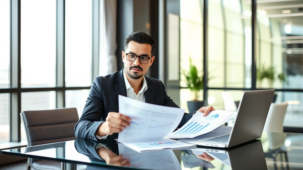 Professional business executive in modern corporate office reviewing strategic documents on glass table with laptop and financial reports, natural daylight through floor-to-ceiling windows, confident and focused expression