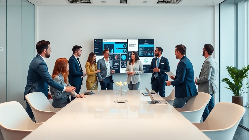 Diverse team of business professionals collaborating in contemporary conference room with digital displays, engaged in strategic discussion, modern furniture and minimalist design aesthetic