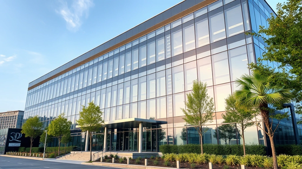 Corporate headquarters building exterior showcasing modern architecture, professional business environment, glass and steel design, daytime photography with clear sky and professional landscaping