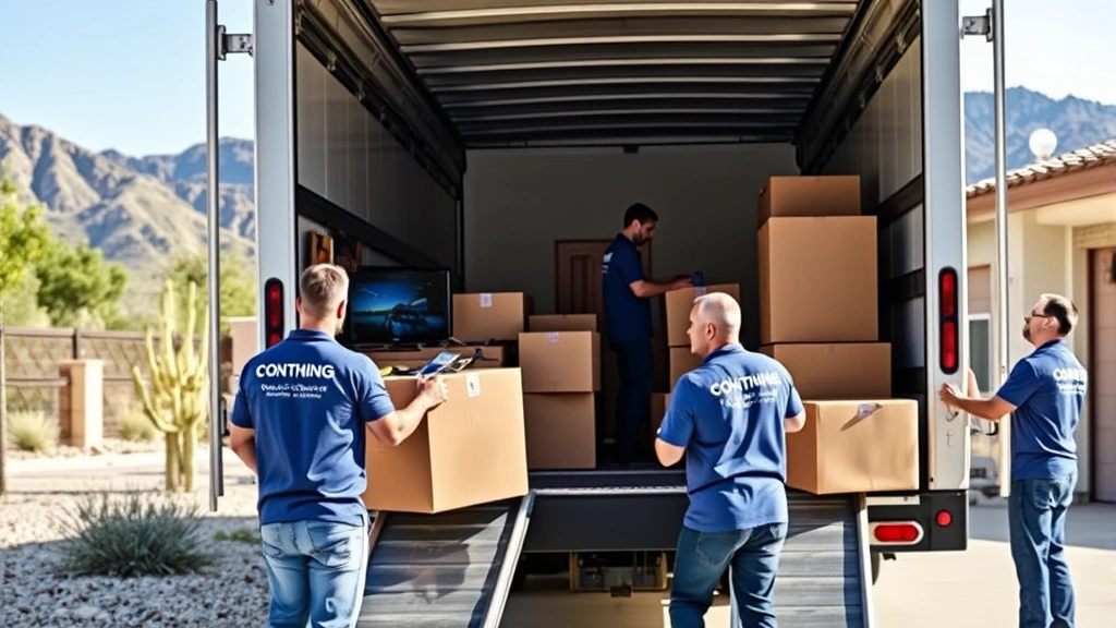 Professional moving crew carefully loading household furniture and boxes into a modern white moving truck, wearing branded uniforms, positioned outside a residential home in Arizona desert landscape with mountains visible in background, natural daylight, showing organized loading process