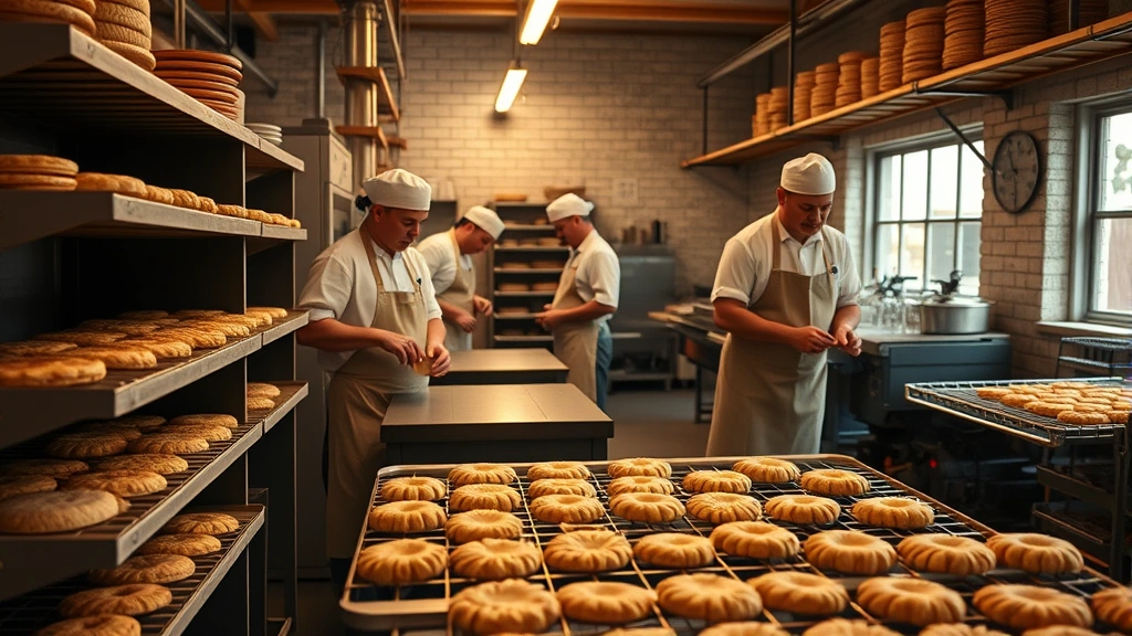 Professional artisanal bakery production facility with heritage baking techniques, skilled bakers in traditional aprons working with vintage-style equipment, warm golden lighting highlighting handcrafted biscuits cooling on wooden racks, authentic craft bakery environment