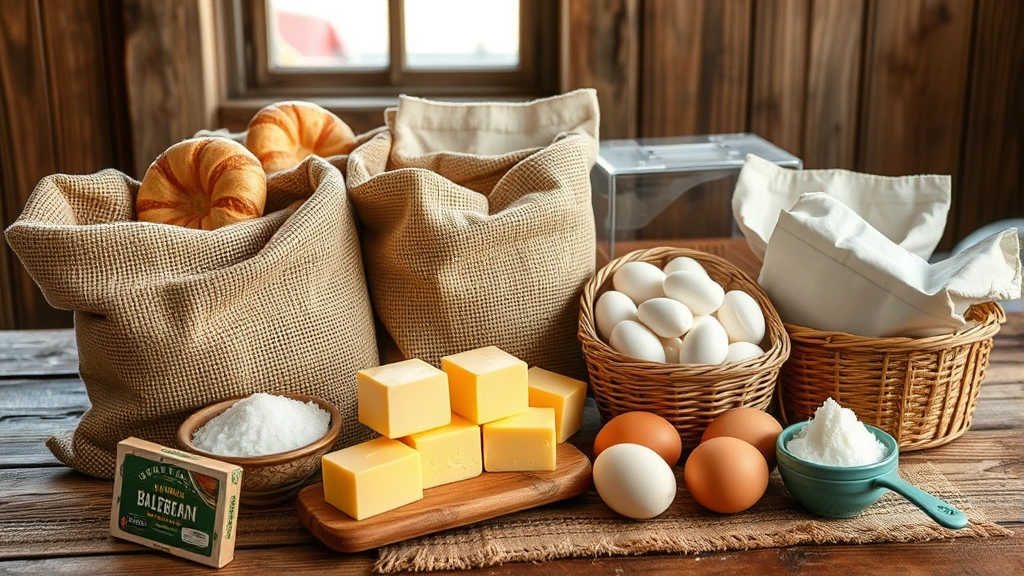 Curated display of premium baking ingredients including heritage grain varieties in burlap sacks, golden butter blocks, specialty sea salt, and fresh eggs arranged artfully on rustic wooden surface with natural window lighting
