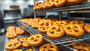 Artisanal pretzel production facility with fresh baked pretzels on display racks, professional lighting highlighting golden-brown texture and salt crystals, modern commercial kitchen environment
