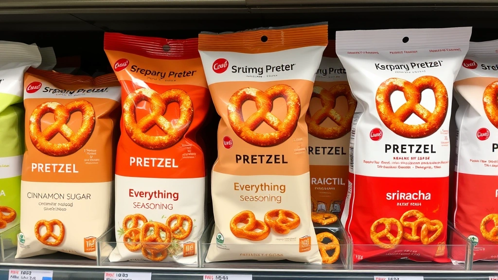 Diverse pretzel variety assortment including flavored varieties like cinnamon sugar, everything seasoning, and sriracha displayed in attractive packaging on retail shelf with professional lighting