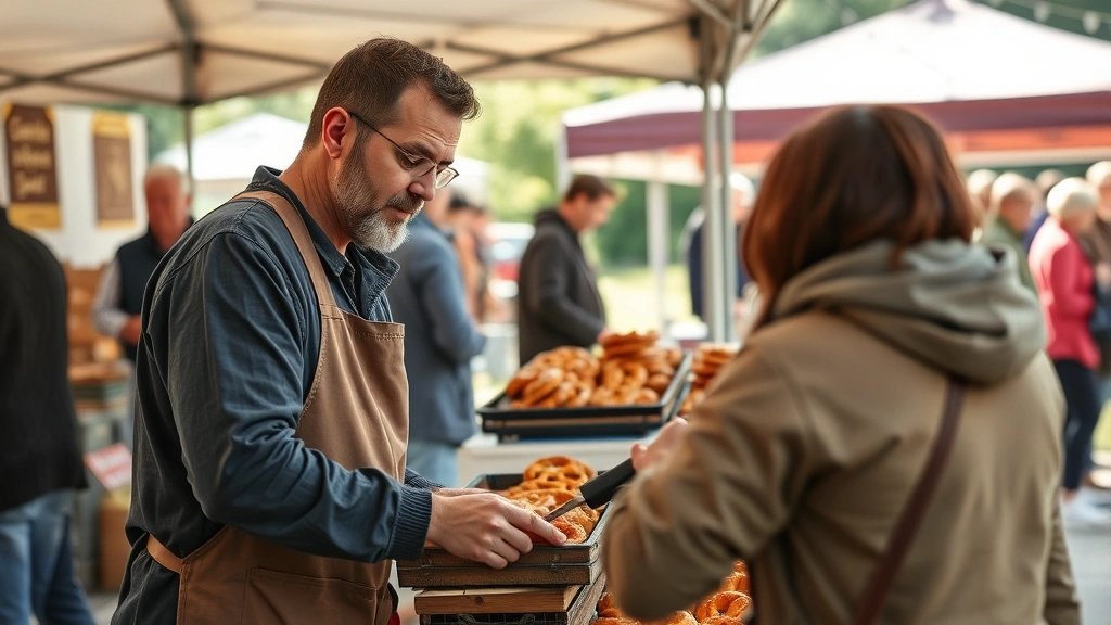 Small pretzel business owner checking quality of fresh pretzels at farmers market booth with customers shopping, authentic community engagement scene in natural outdoor setting