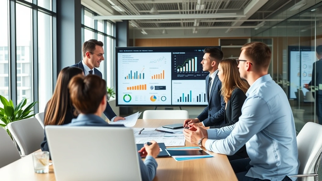Professional business consultants in modern office conducting strategic planning meeting with clients, analyzing performance metrics on large monitor, collaborative atmosphere, natural lighting, diverse team members in business attire