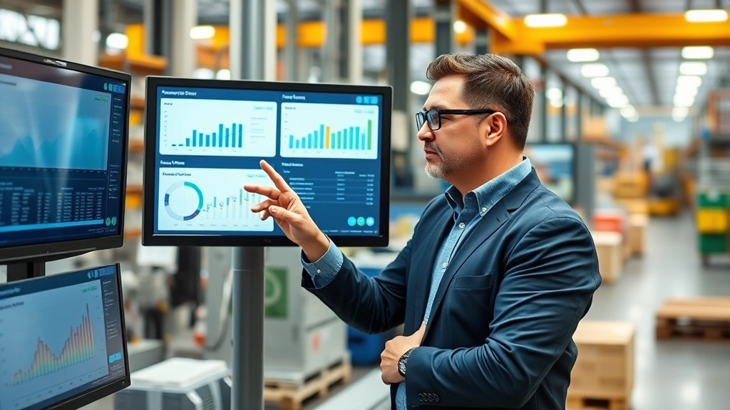 Manufacturing facility manager reviewing operational dashboards and performance metrics on digital screens, industrial setting with organized production area visible in background, professional business casual attire, focused expression