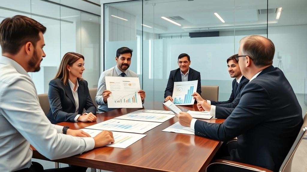 Executive team in corporate boardroom reviewing business strategy documents and growth charts, professional setting with conference table, modern office environment, collaborative discussion, diverse leadership team