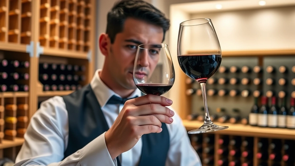 Professional sommelier in elegant wine tasting room conducting blind tasting evaluation, holding wine glass to light, examining clarity and color of deep red wine, modern cellar setting with wooden wine racks in soft background