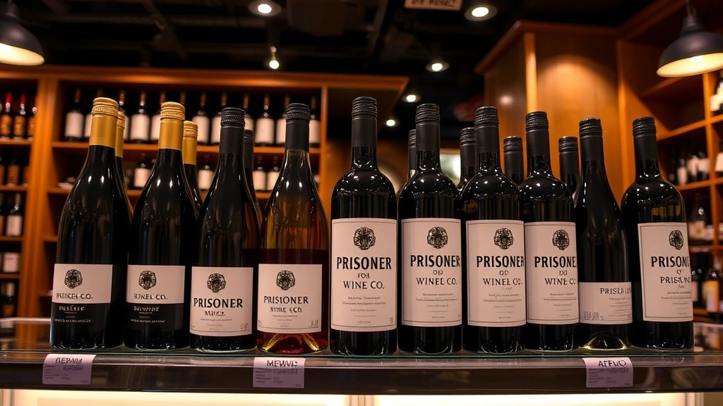Premium wine bottles arranged on luxury retail shelf display, Prisoner Wine Co. distinctive labels visible, professional lighting highlighting bottle details, upscale wine shop environment with warm wood tones and sophisticated atmosphere