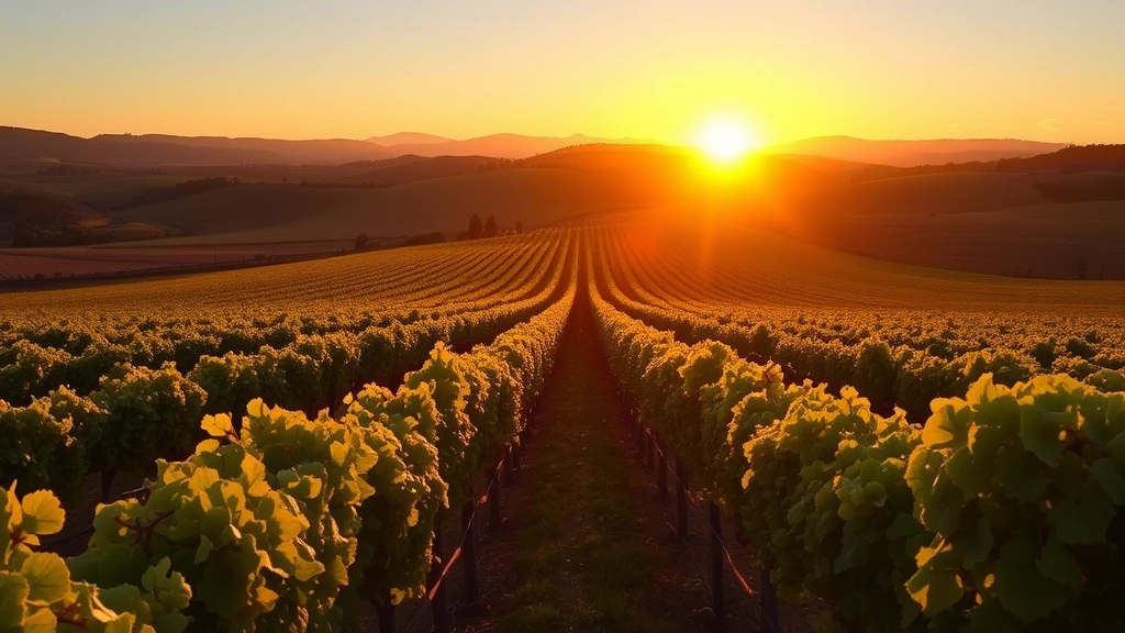 Napa Valley vineyard landscape at golden hour sunset, grapevines in rows extending toward horizon, rolling hills in background, natural sunlight creating dramatic shadows across vineyard, peaceful agricultural environment