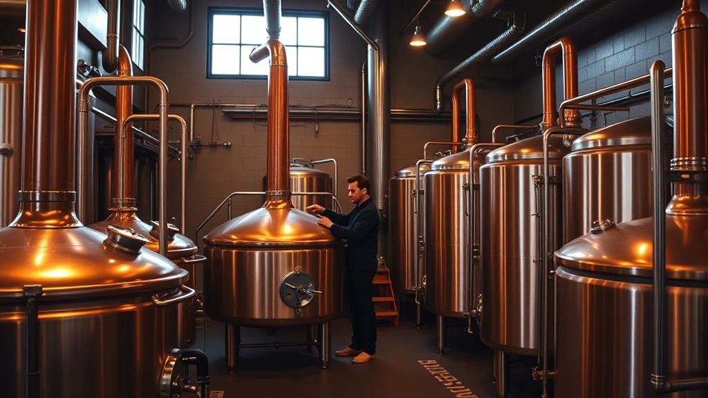 Professional craft brewery interior with copper brewing kettles, warm ambient lighting reflecting off metal equipment, brewmaster checking fermentation tanks, industrial-modern aesthetic, no visible text or signage