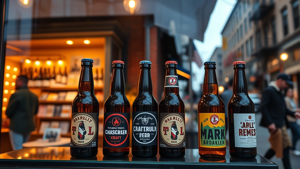 Brooklyn street scene with craft beer bottles displayed in upscale retailer window, warm evening lighting, urban storefront background, people walking by, premium presentation without visible labels or text