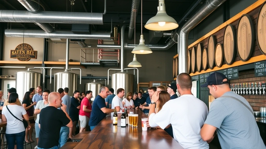 Brewery taproom interior with customers enjoying beer at wooden bar counter, casual social atmosphere, pendant lighting overhead, craft beer taps visible, community gathering space aesthetic