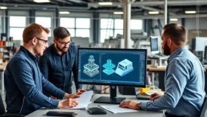 Professional engineers collaborating around CAD workstation displaying 3D product design, modern office environment with technical equipment, focused team discussion on manufacturing specifications, natural lighting, photorealistic corporate setting