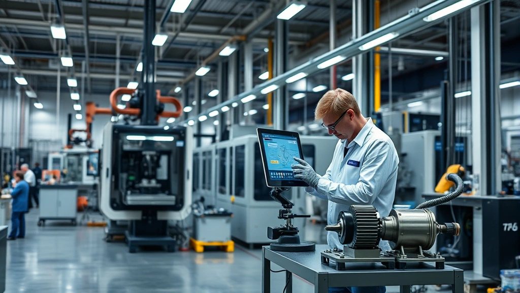 Manufacturing facility floor with advanced equipment and quality control inspection station, technician examining precision-engineered components, industrial production environment demonstrating manufacturing capabilities, professional quality assurance process, modern factory setting