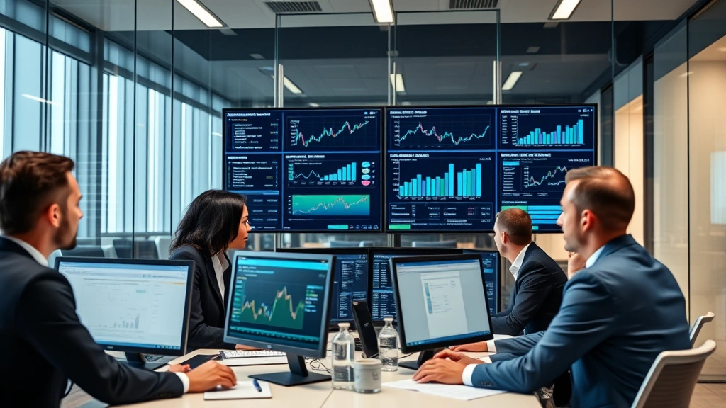Team of finance professionals in business attire analyzing data and metrics displayed on multiple computer screens in modern glass-walled conference room, collaborative atmosphere