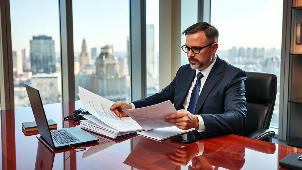 Senior finance executive in formal business suit reviewing quarterly reports and financial documents at polished wooden desk in executive office with city skyline visible through windows