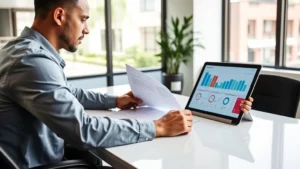 Professional property manager reviewing lease documents at modern desk with laptop and tablet displaying property management software dashboard, Sacramento office building visible through window