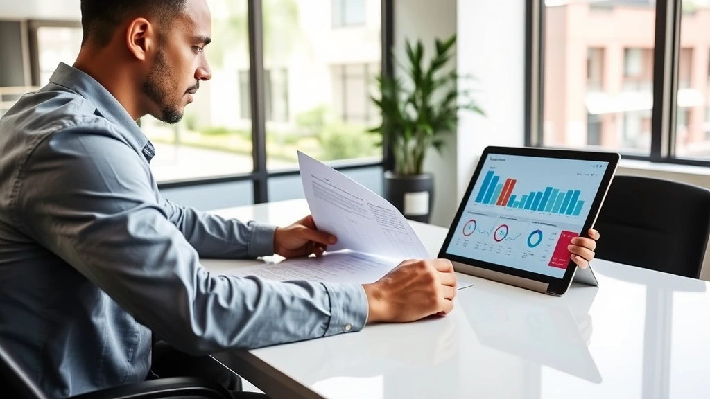 Professional property manager reviewing lease documents at modern desk with laptop and tablet displaying property management software dashboard, Sacramento office building visible through window