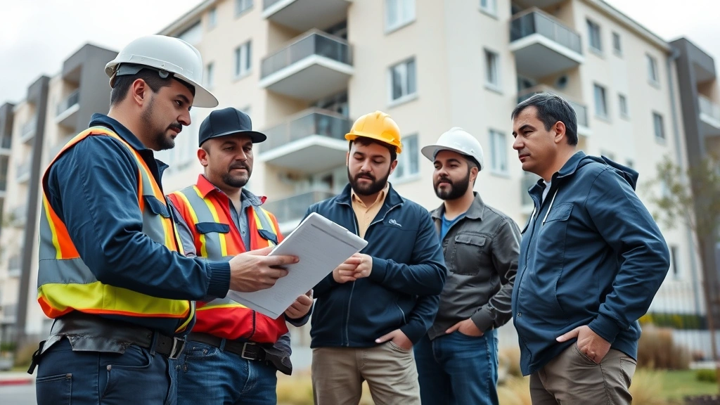 Team of maintenance contractors reviewing property inspection checklist on tablet at residential apartment complex exterior, diverse workers collaborating outdoors