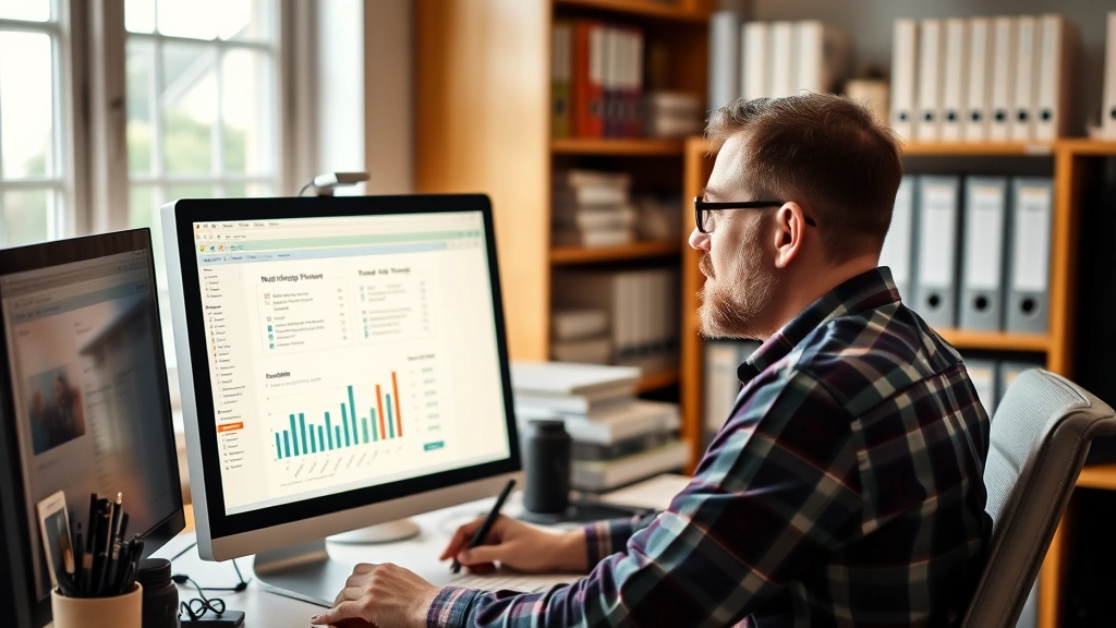 Property owner reviewing detailed financial reports and rental income statements on computer monitor in home office, organized filing systems visible in background