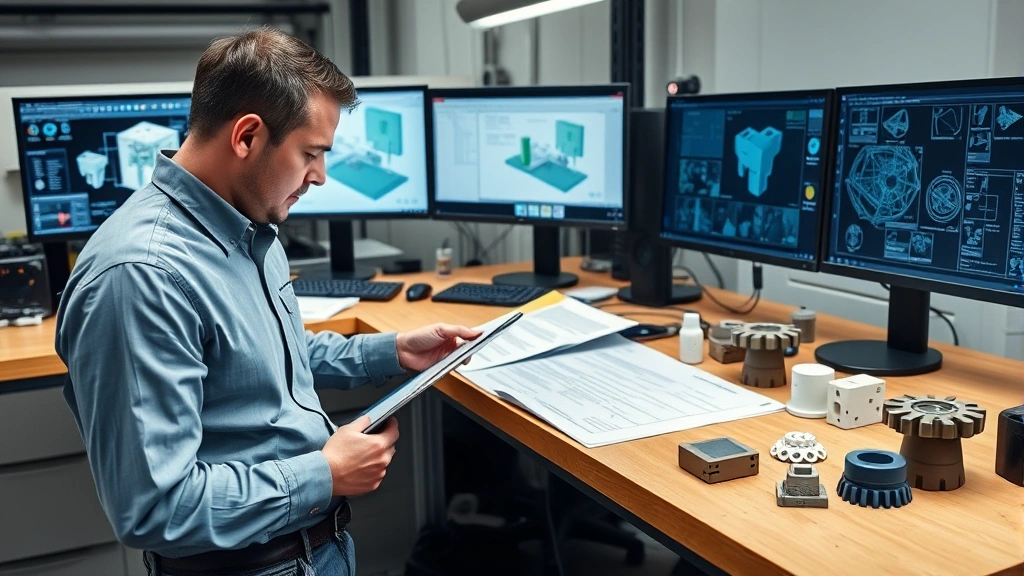 Engineer reviewing technical specifications and 3D printed prototype components at workbench with digital display screens, collaborative design review environment