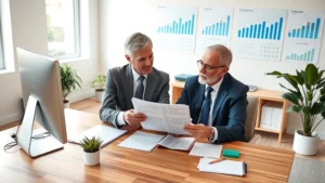 Professional insurance advisor in business suit reviewing policy documents with middle-aged client at wooden desk in modern office with natural lighting and financial charts on wall