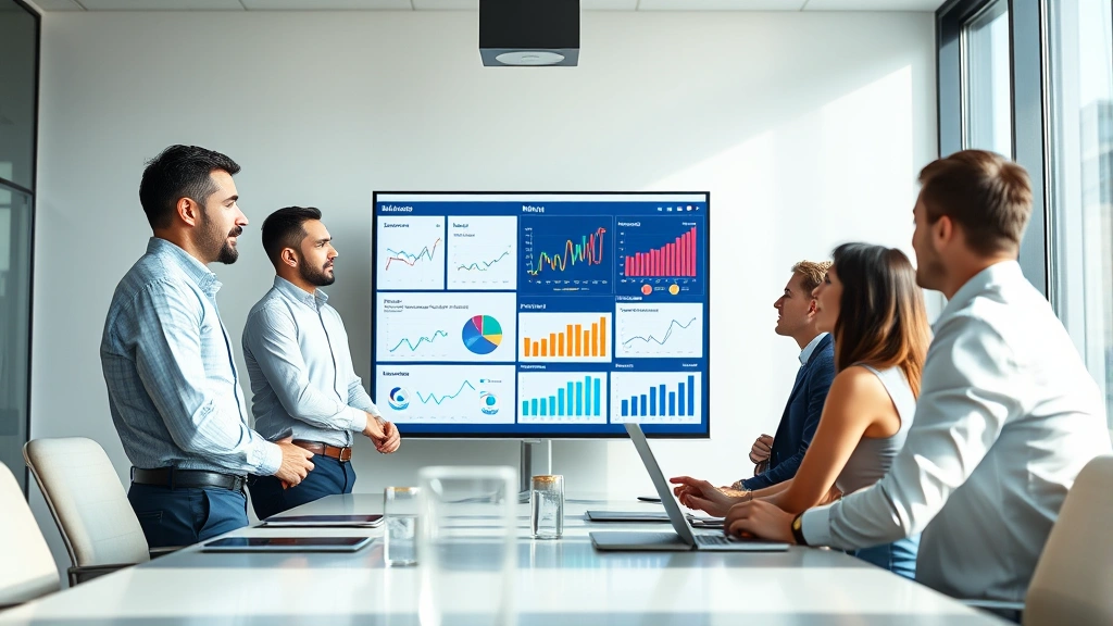 Corporate executive team reviewing menu strategy in modern conference room, reviewing analytics dashboard on large screen, diverse professionals in business attire analyzing performance metrics, natural lighting, contemporary office environment