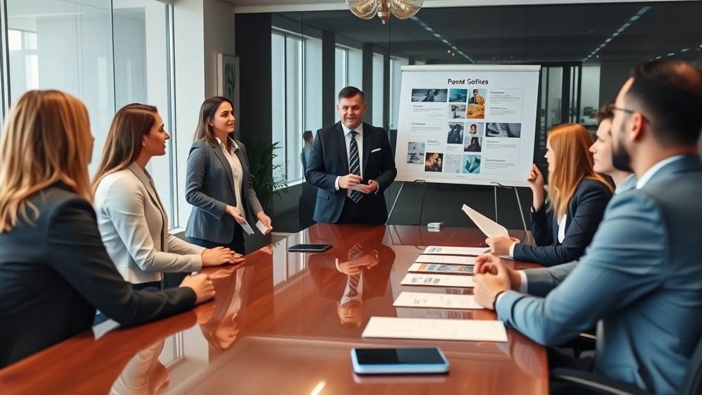 Business professionals presenting service offerings to clients across polished conference table, diverse team showcasing product portfolio, professional presentation materials visible, collaborative business meeting atmosphere, modern office setting