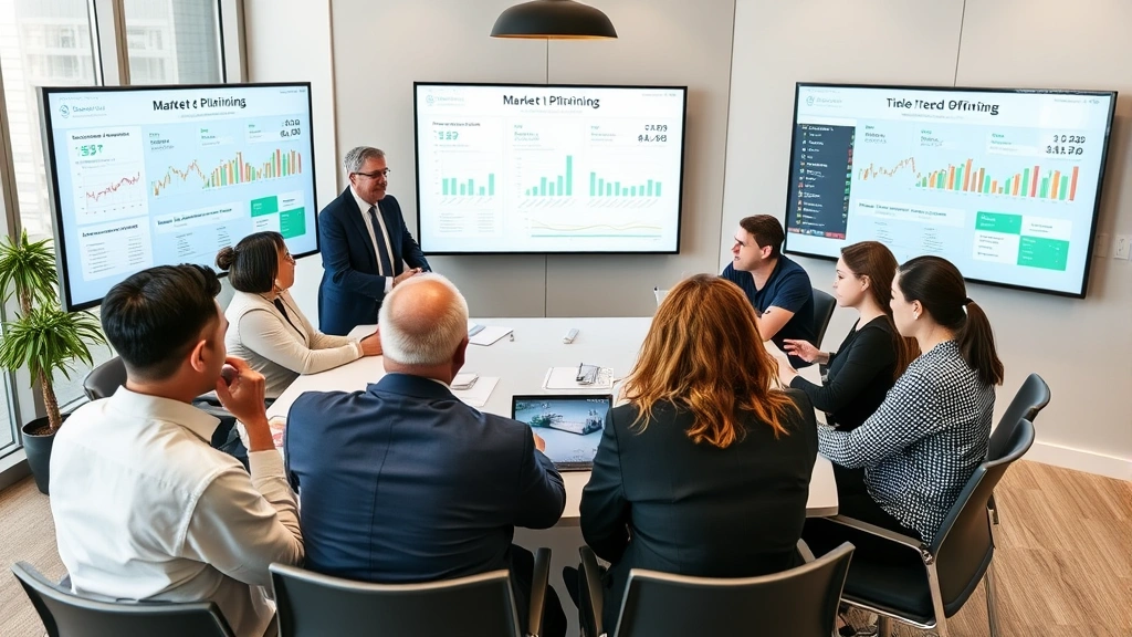 Strategic planning session with business leaders examining market positioning and pricing strategy, team members discussing tiered offerings, digital screens showing market data, professional business environment, focused collaboration