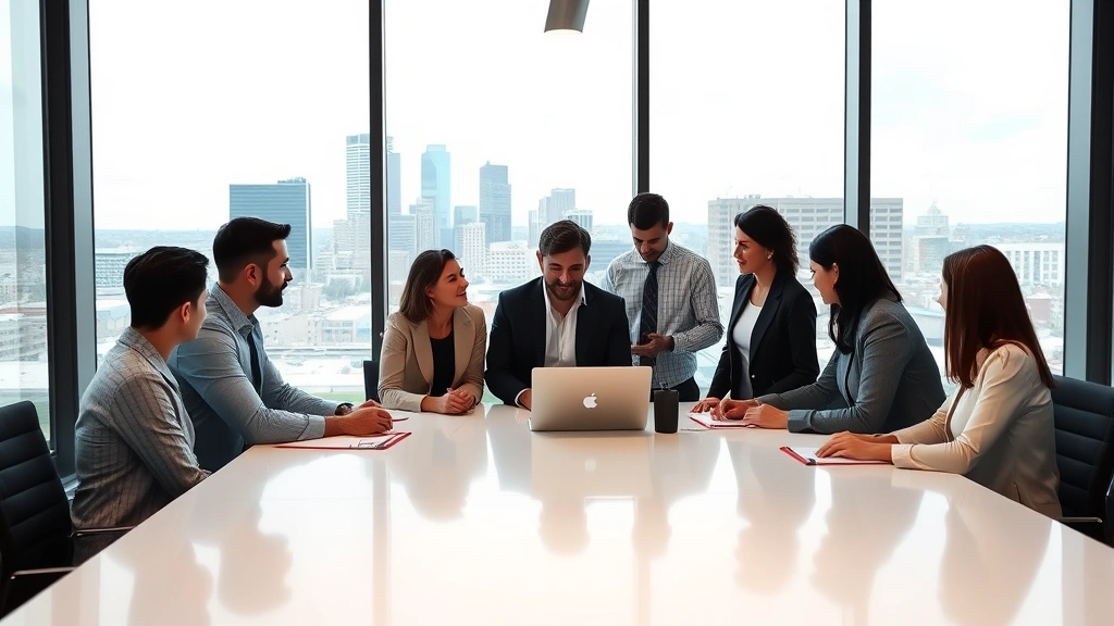 Professional business team collaborating in modern office space with floor-to-ceiling windows overlooking Raleigh skyline, diverse group actively engaged in discussion around contemporary conference table