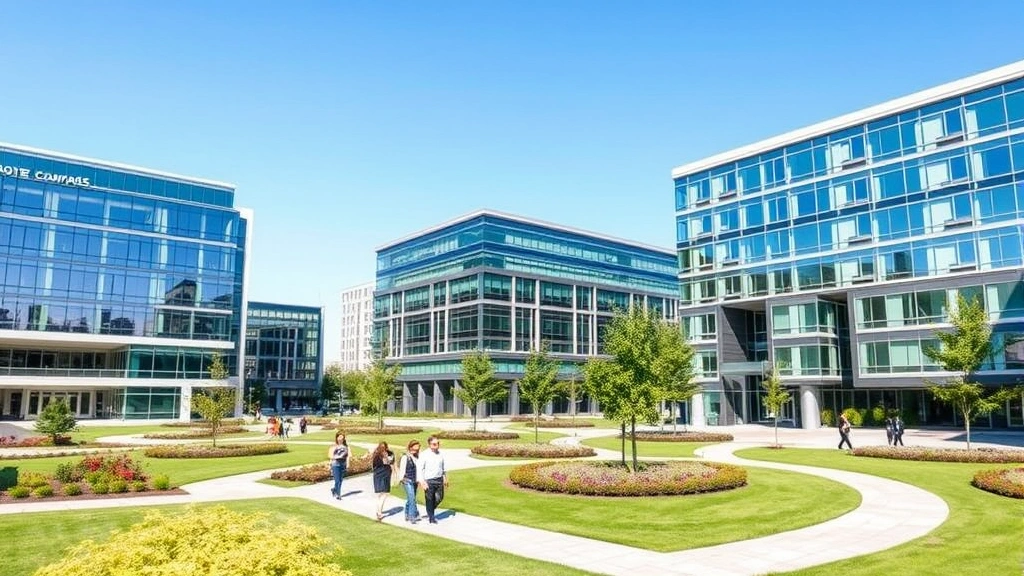 Corporate campus setting with multiple buildings reflecting contemporary architecture, manicured landscaping, professionals walking between buildings during daytime, clear blue sky, representing thriving business district