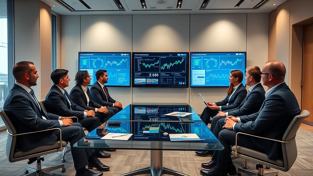 Executive leadership team in formal business attire seated in sophisticated conference room, analyzing data on large digital displays, collaborative atmosphere demonstrating strategic planning and decision-making