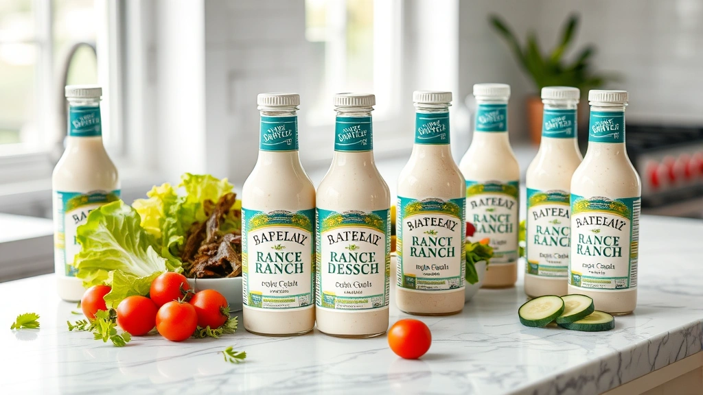 Professional product photography of multiple premium ranch dressing bottles arranged on white marble countertop with fresh salad ingredients including romaine lettuce, cherry tomatoes, and cucumber slices, natural window lighting, shallow depth of field, upscale food styling