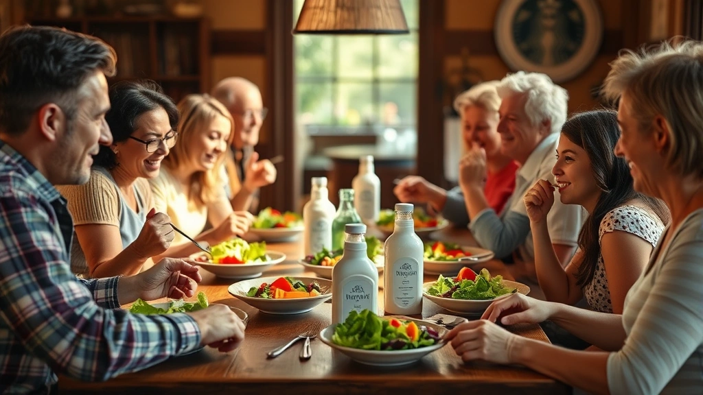 Diverse family gathering enjoying salad meal with various fresh ingredients and ranch dressing bottles visible on dining table, warm natural lighting, multigenerational representation, casual dining atmosphere