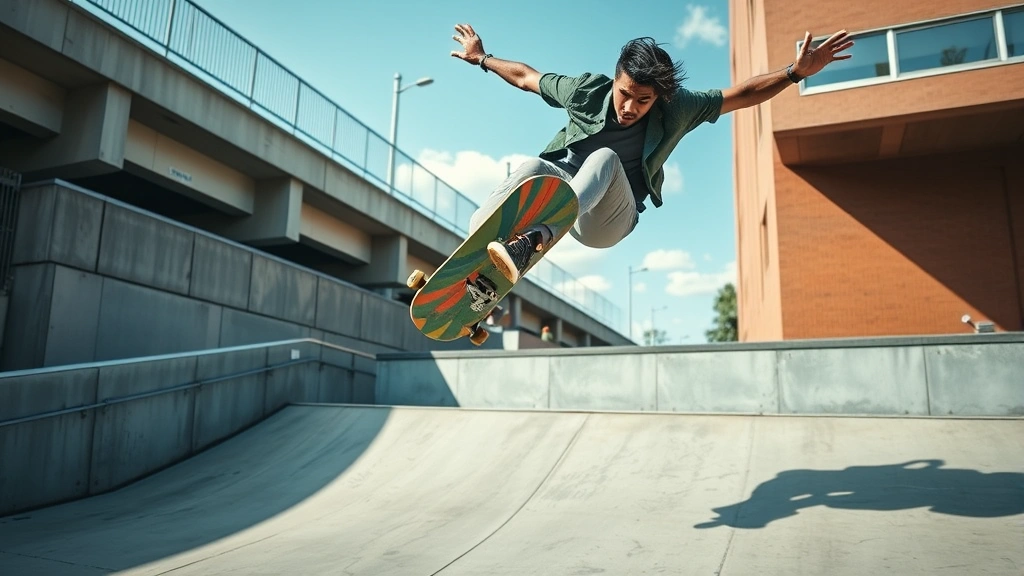 Professional skateboarder performing aerial trick on urban concrete ramp, athletic movement, dynamic action, skateboard visible, professional photography lighting, daytime setting, focused concentration on athlete's face