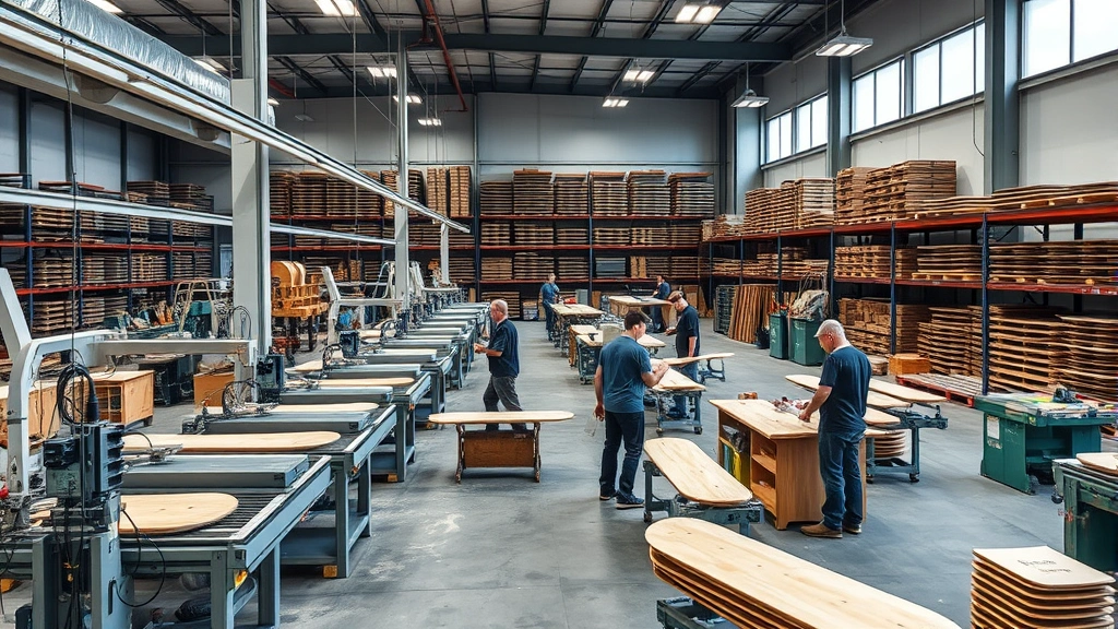 Modern skateboard manufacturing facility with wooden deck production machinery, quality control workstations, craftspeople inspecting products, organized warehouse shelving with skateboard inventory, professional industrial environment, natural and artificial lighting