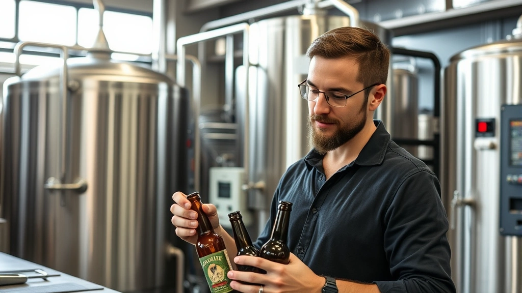 Professional brewery founder in modern production facility examining craft beverage bottles, confident posture, sophisticated industrial brewery equipment visible in background, natural lighting emphasizing product quality and manufacturing excellence