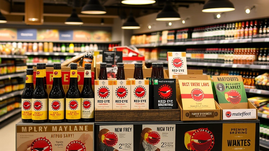 Red Eye Brewing products displayed in upscale retail environment alongside premium beverage selections, professional merchandising with attractive point-of-sale materials, modern grocery setting emphasizing brand positioning and market presence