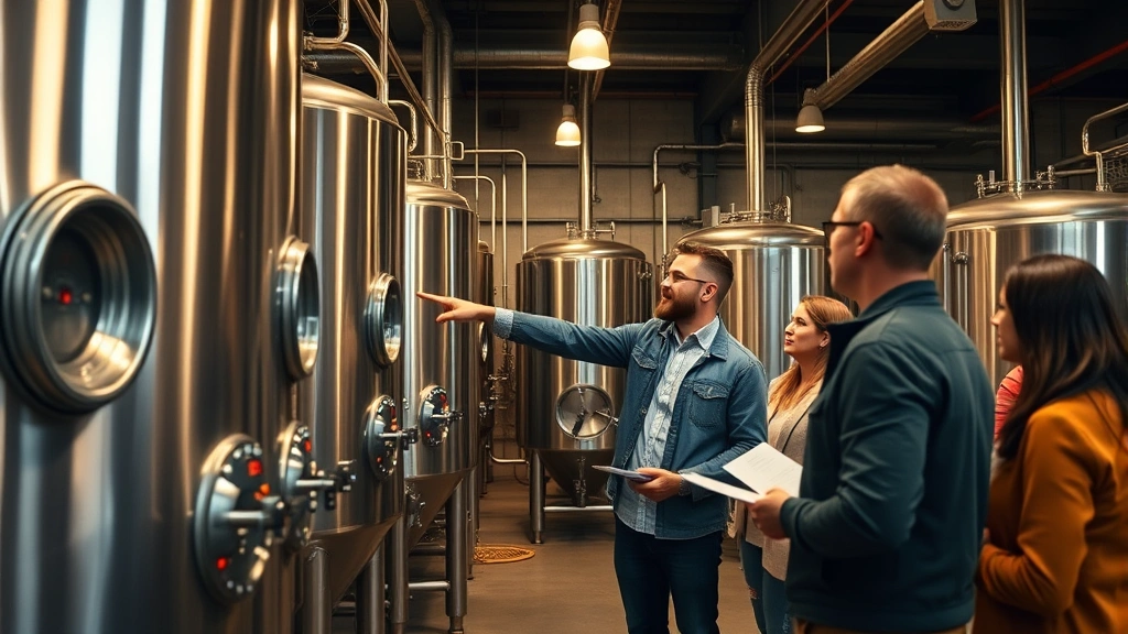 Professional brewery owner conducting guided tour through modern craft brewery facility, pointing at stainless steel fermentation tanks with engaged visitors taking notes, warm ambient lighting, industrial-modern architecture, authentic workplace environment