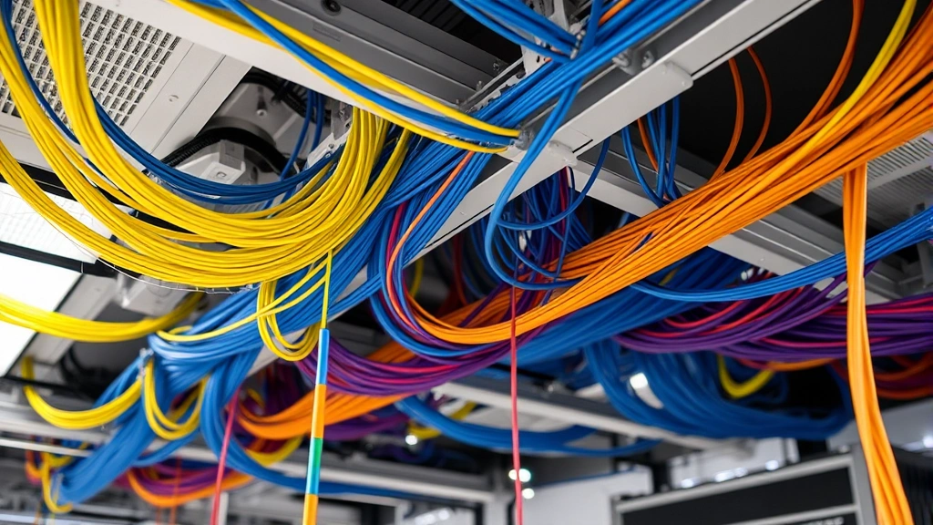 Multiple colored fiber optic cables organized in cable tray system above suspended ceiling in resort technical infrastructure room