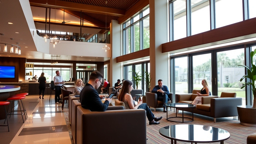 Resort lobby area with guests using wireless devices, modern furniture, bright natural lighting, contemporary hospitality environment demonstrating seamless connectivity
